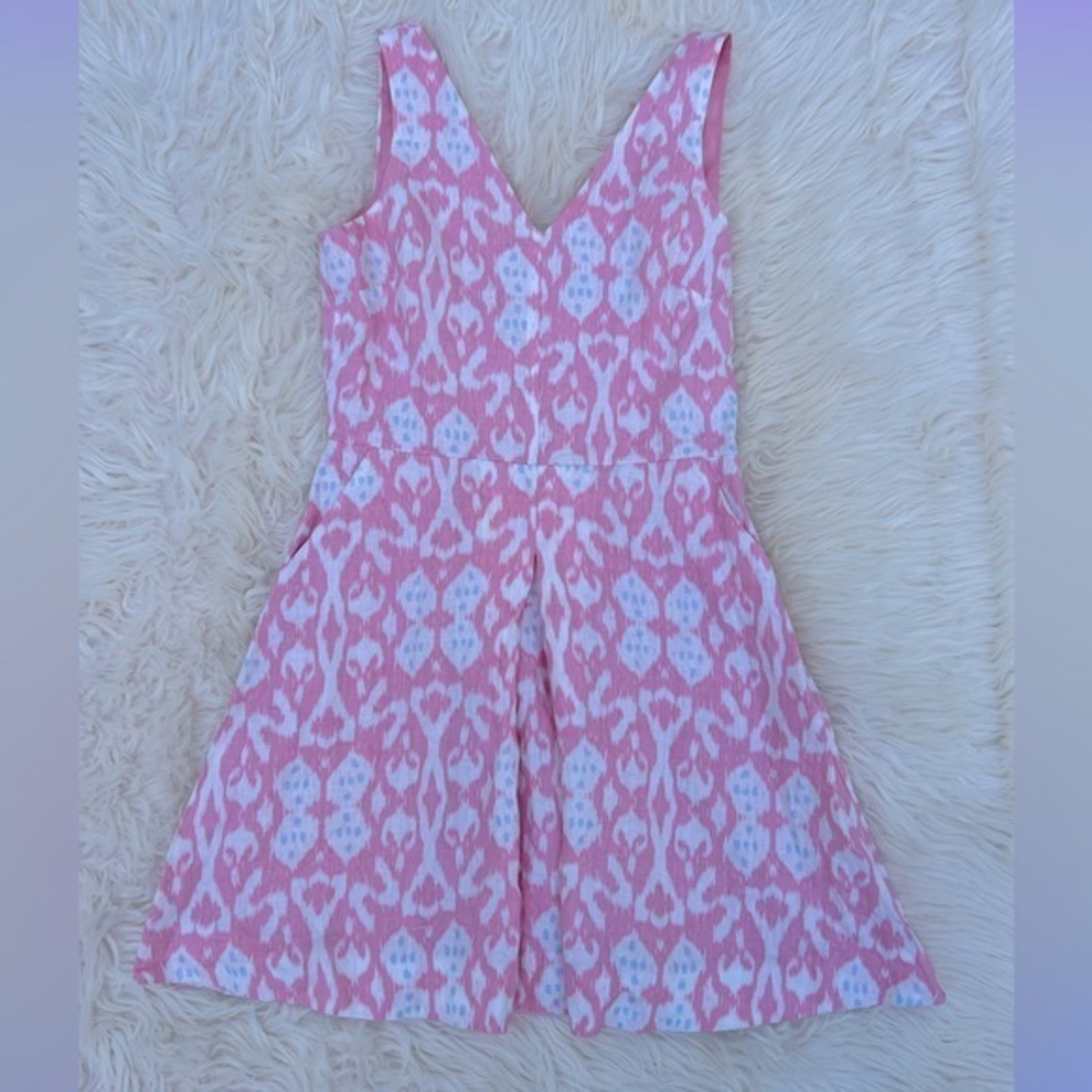 Gap Pink 100% Linen Print Lined Sleeveless Pockets‎ V-Neck Dress 6